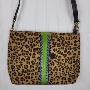 FOLKLORE COUTURE NWT Leopard Furry w/Lime and Blue Stripe Shoulder Bag